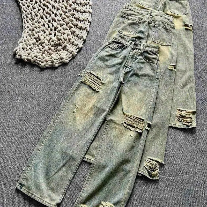 (S-2Xl)HHCHOU-Quần Jean Suông Rách Trước Sau Màu Bụi Phủ Dơ Chất Jean Mềm H053