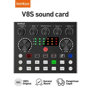 Bonkyo V8S Sound Card Mixer Eksternal USB Audio untuk Ponsel & Komputer dengan Efek Khusus Karaoke dan Equalizer Bass Treble Reverb - Kartu