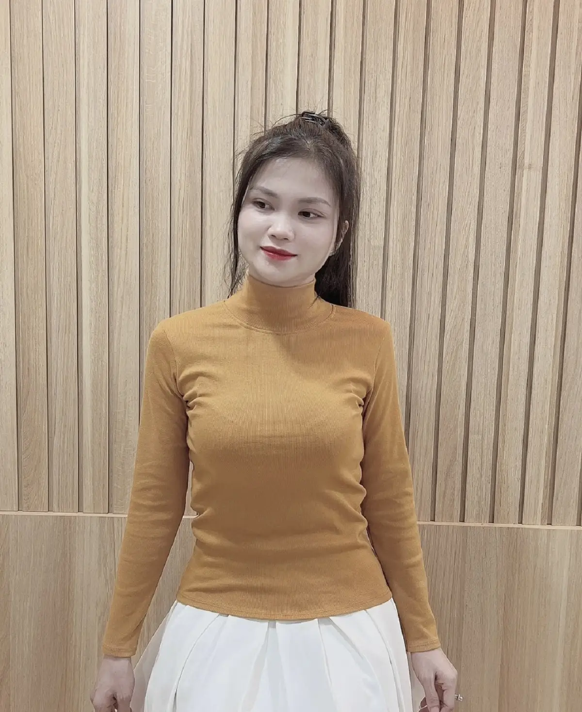 Áo Thun Cổ Lọ, Màu Trơn cho Nữ, Chất Liệu Gân Tăm, Mềm, Thoáng mát