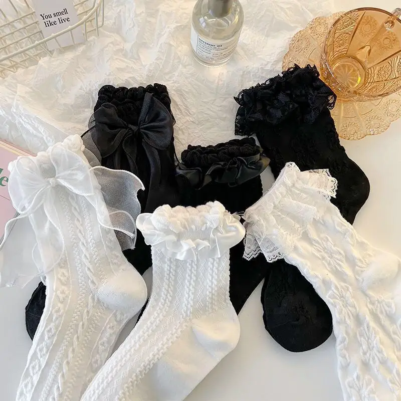 Tất vớ cao cổ nữ phối ren đính nơ Jengiang cotton co giãn thoáng khí phong cách nữ sinh lolita y2k Nhật Bản ZT650