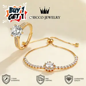 【BUY 1 GET 1】Cincin dan Gelang Zirkon Simpel Warna Emas Mawar Penuh Berlian Geometris Cocok untuk Sehari-hari Pesta Hadiah Pernyataan Cinta CHIC&CO Adjustable Aksesoris anti luntur anti perubahan warna Garansi 1 Tahun COD 302 SL10