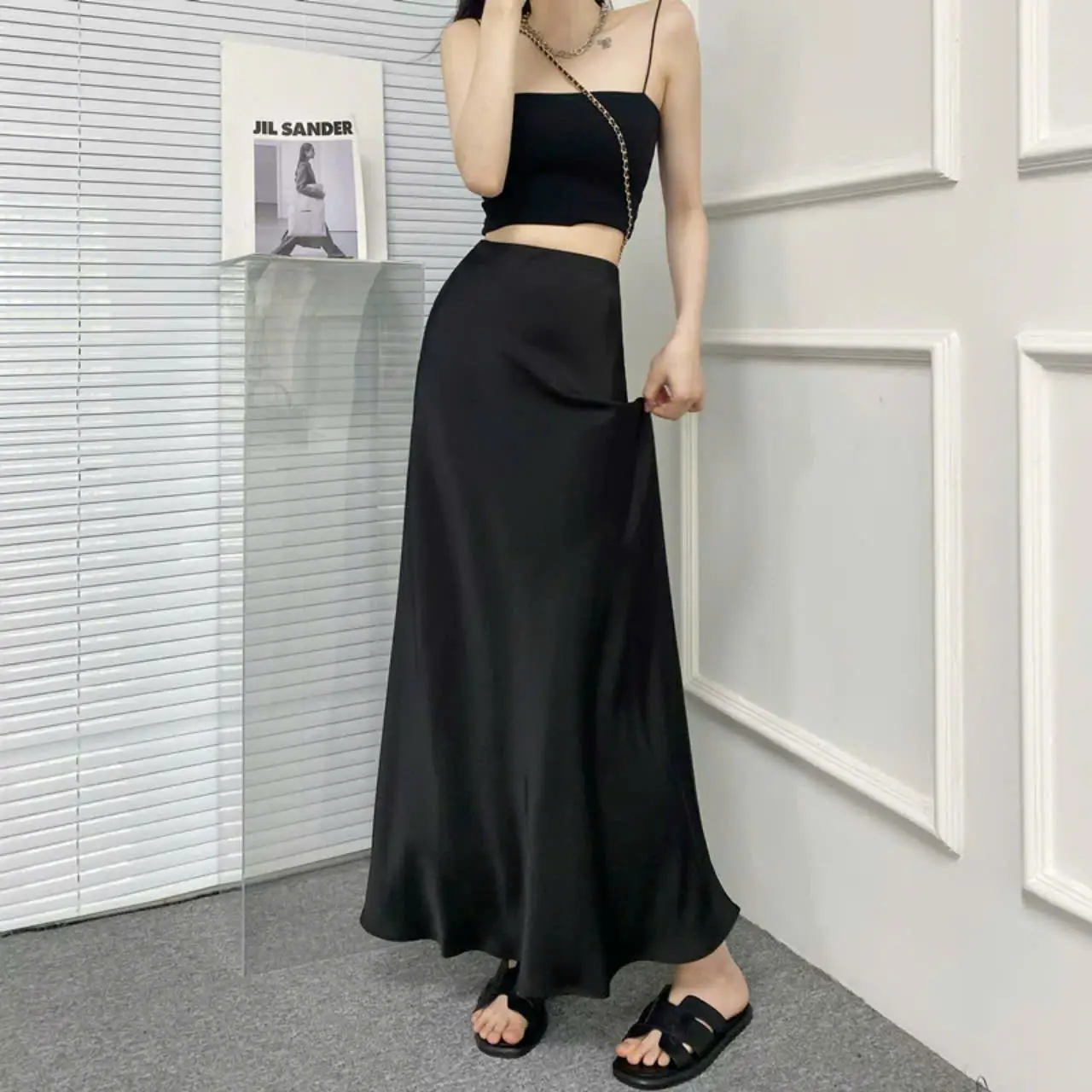 V31 Chân váy Lụa Vân Quảng Châu Dáng Dài chữ A Thanh lịch, Nữ Tính, Cực Xinh