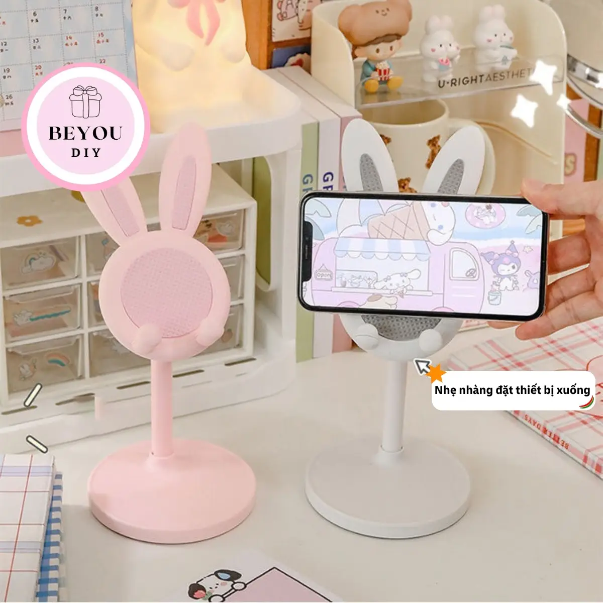 Giá Đỡ Điện Thoại Hình Tai Thỏ Màu Pastel Dễ Thương, Có Thể Tăng Giảm Độ Cao