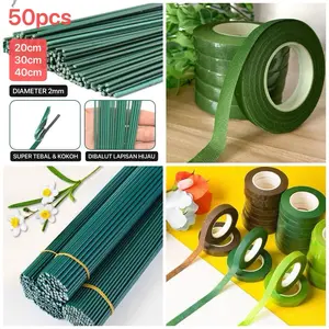 BAHAN KERAJINAN HANDCRAFT DIY BUNGA / Tangkai Bunga Besi 2mm / Kawat hijau kerajinan / SOLASI BUNGA 1 ROLL / FLORAL TAPE solasi hijau keranjinan tangan / Flower Tape Solasi kertas kerajinan tangan / Lakban hijau