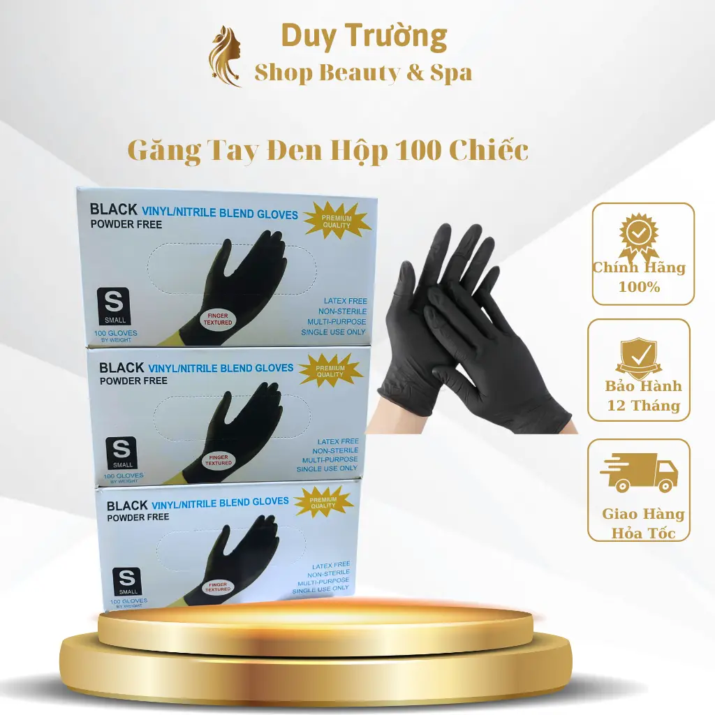 Hộp 100 chiếc găng tay đen không bột , bao tay cao su nitrile , có nhám đầu ngón tay dùng trong spa - thẩm mỹ