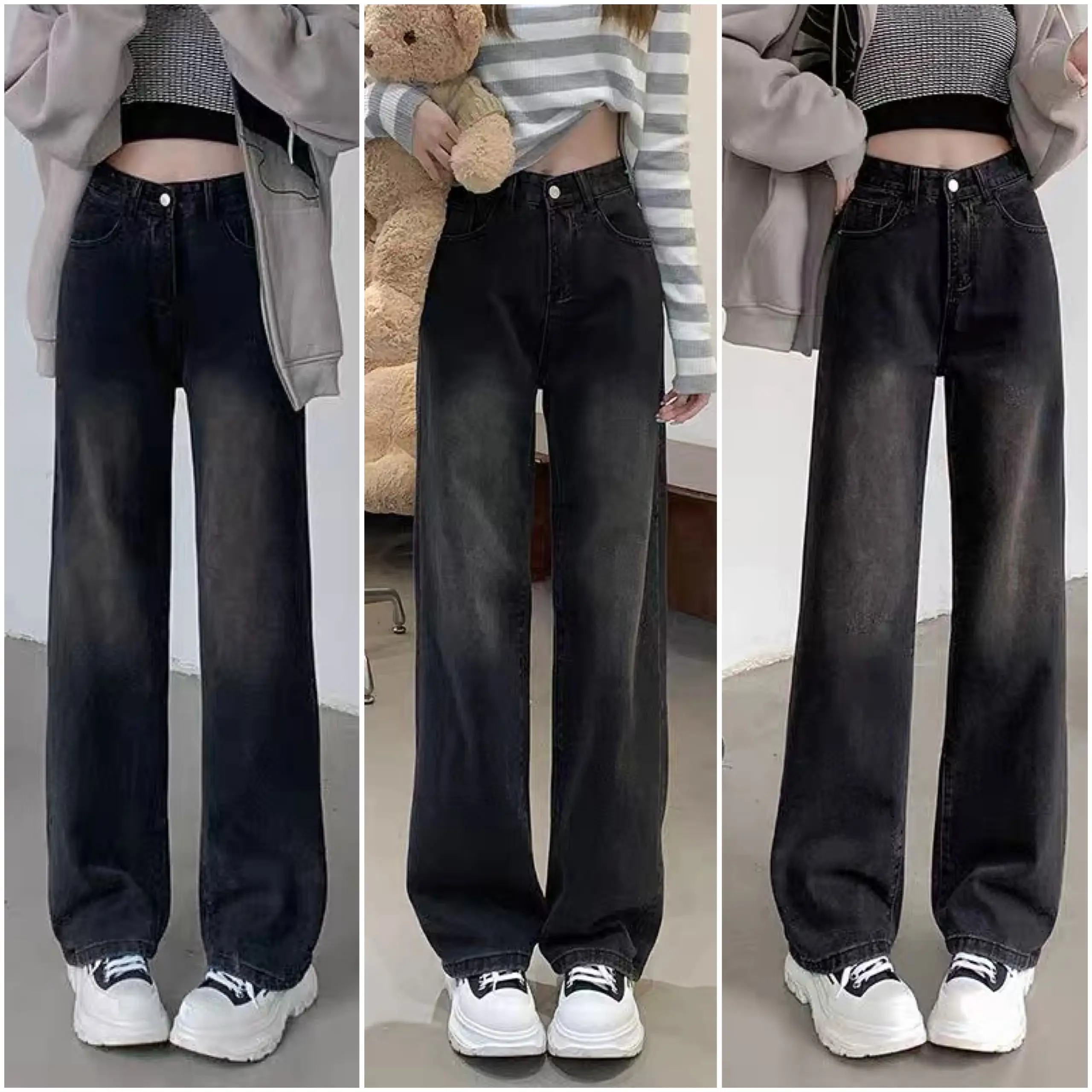 Quần Jeans Nữ Ống Rộng Màu Khói Đen Mài Đùi Siêu Hót - Women