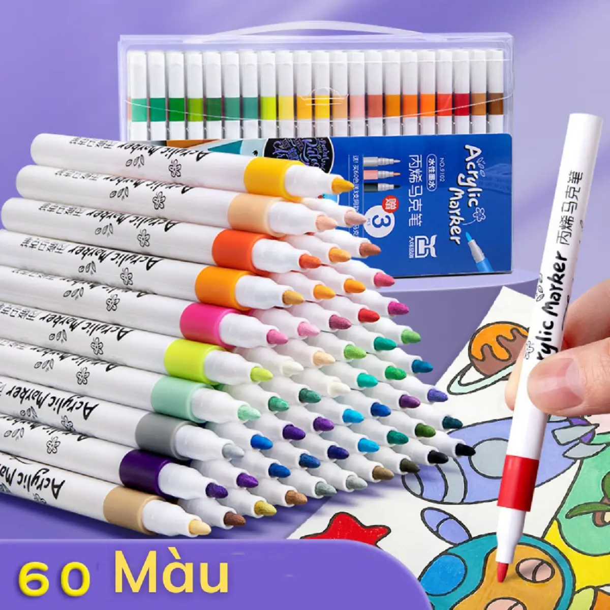 Hộp 60 bút màu Acrylic Marker cao cấp chống nước màu sắc tươi sáng - Bút lông màu vẽ trên mọi chất liệu