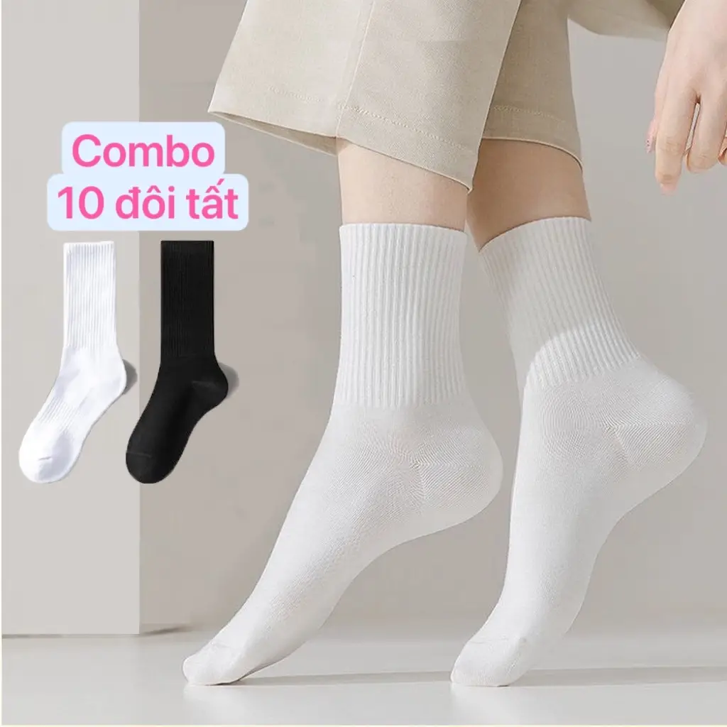 Sét 10 đôi Tất  trắng đen nam nữ cổ cao cổ trung cổ ngắn chất liệu cotton