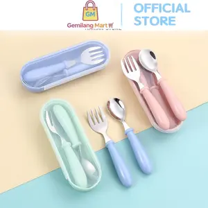 Set Sendok Garpu Anak H1040 Plus Box 2 IN 1 Polos Warna Pastel Cantik Praktis untuk Dibawa
