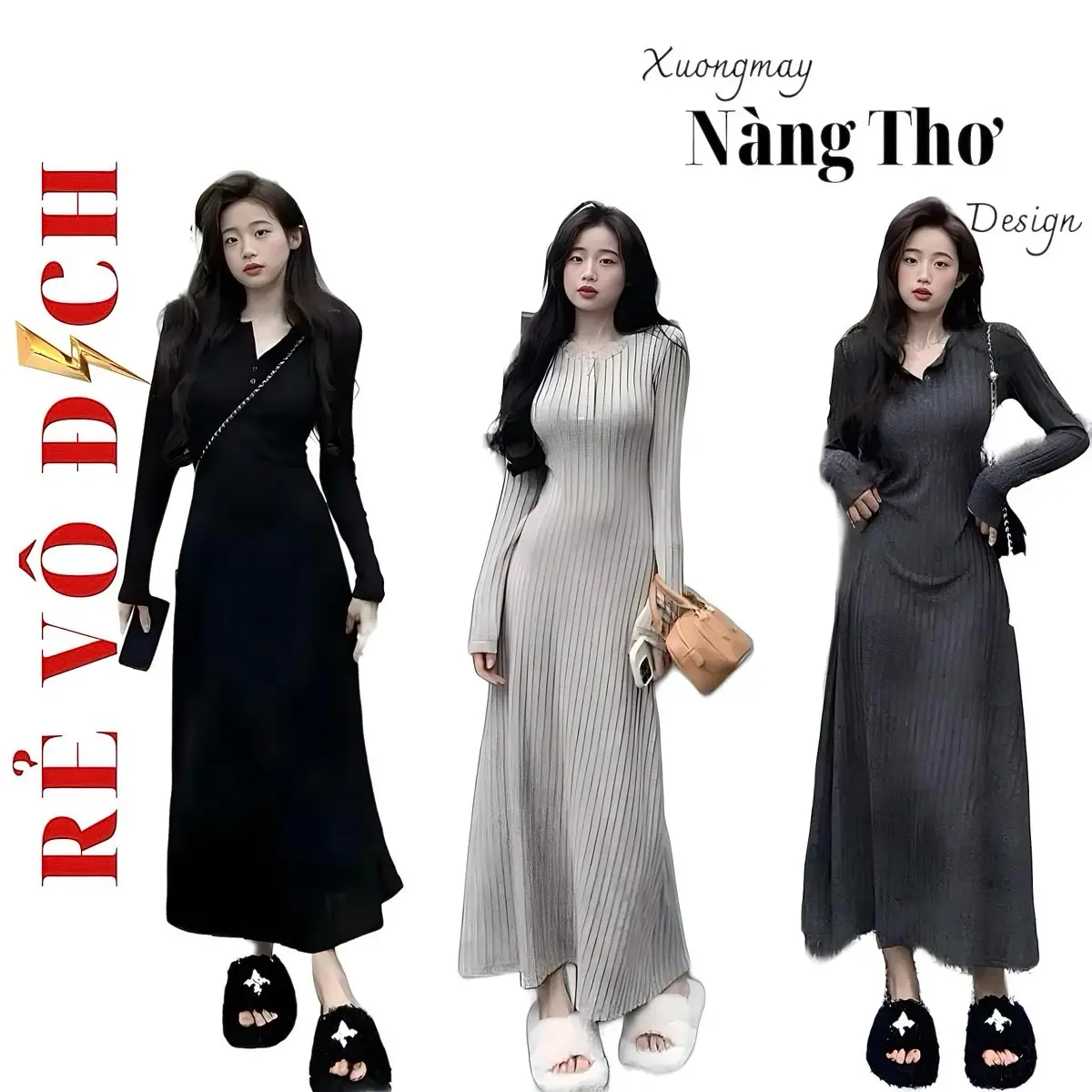 200 Đầm Xinh Dáng Xòe Kem Dài Nữ Chất Gân Đũa Co Giãn Đen Women Dress - 1