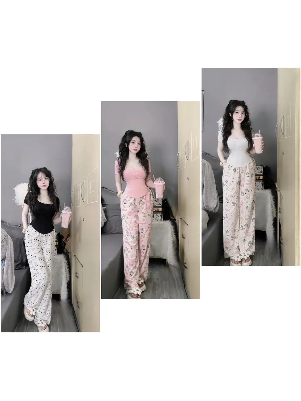 Đồ Bộ Nữ Áo Cộc Cổ Trụ Quần Ống Xuông iN Hoạ Tiết Chất Thun Tăm Dễ Thương Hot Trend[M4]  Top Nhung Đen