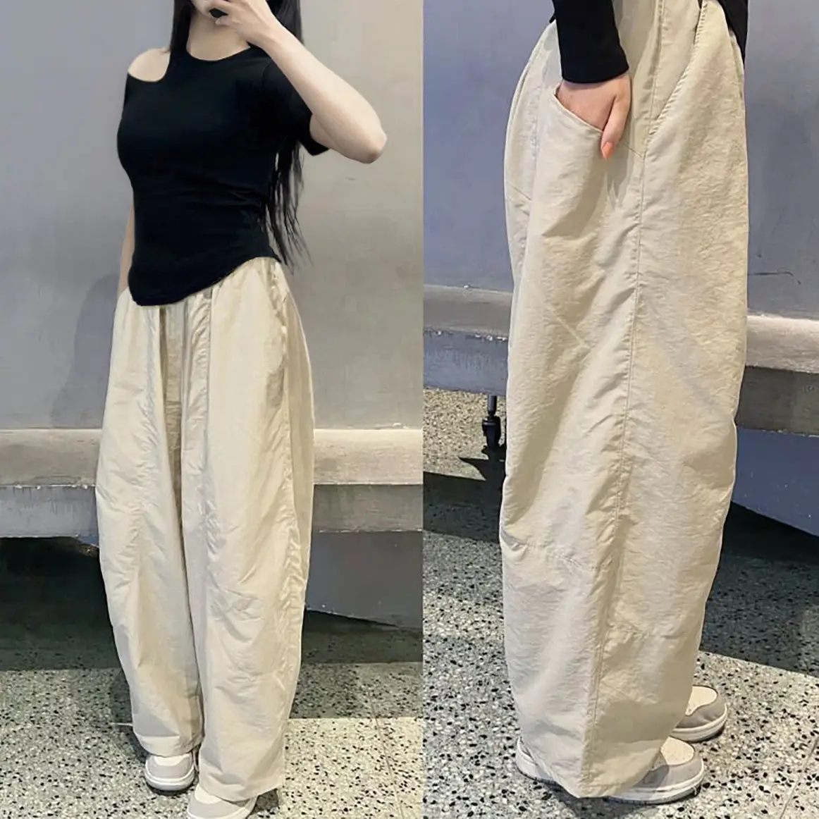 Quần Harem Women Parachute Pants BigSize Gladimax,Quần Gió Nhăn Cao Cấp Dáng Thụng Gladimax bản đầy đủ Đen