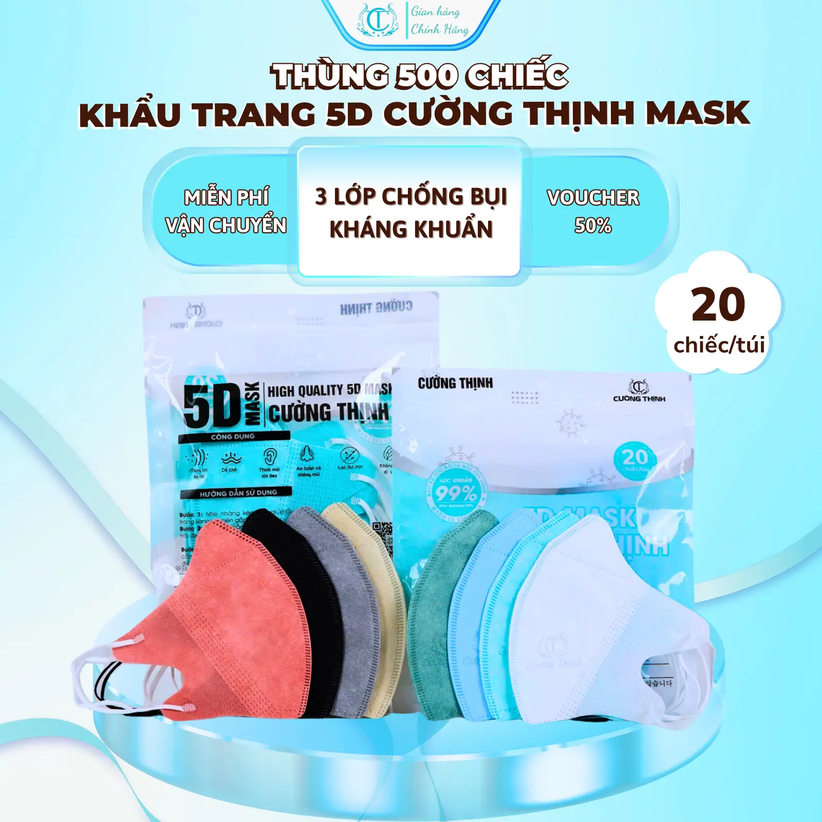 Combo Thùng 500 Chiếc Khẩu Trang 5D Cường Thịnh |Túi zip 20c/ túi | - 1