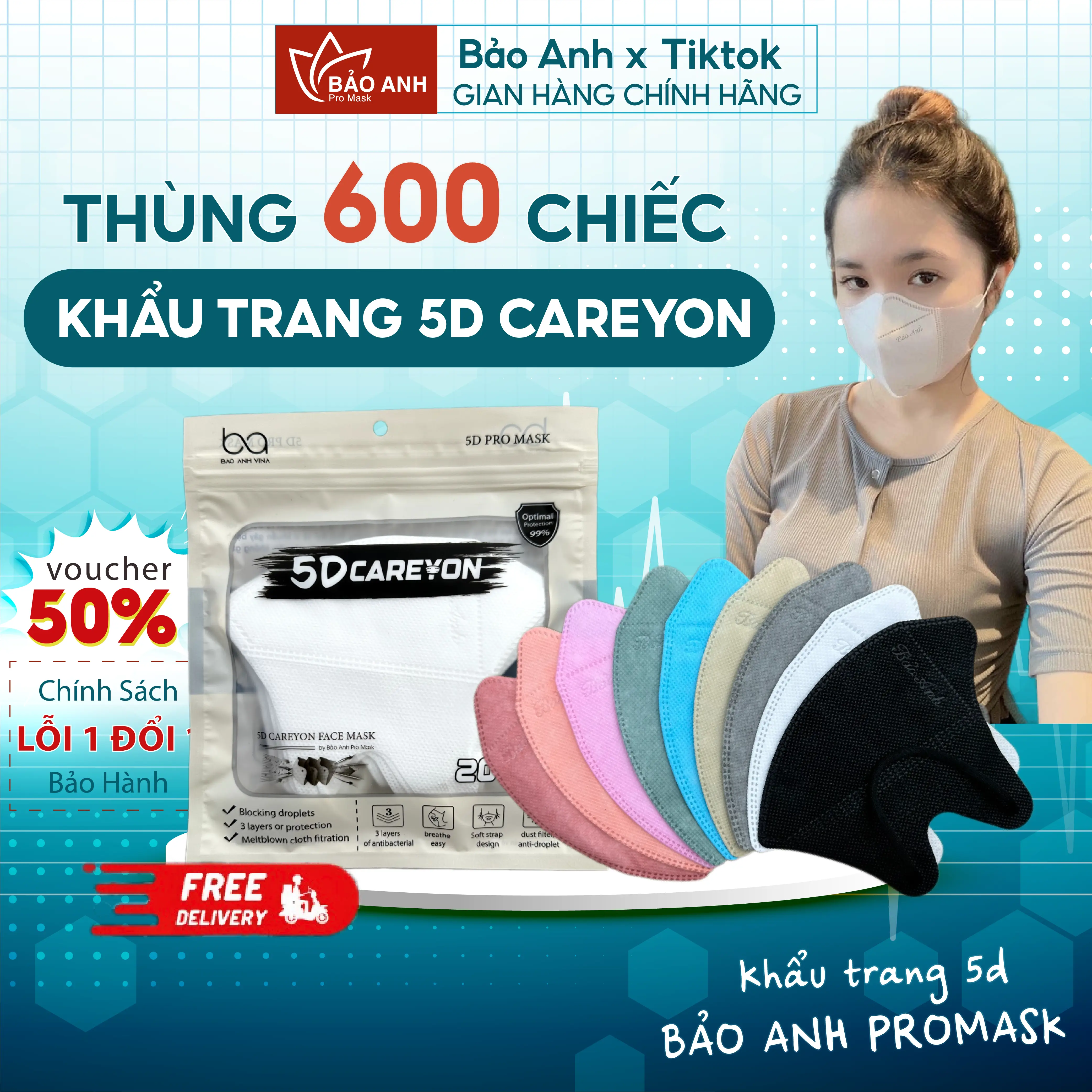 [ Thùng 600 Cái ] Khẩu Trang 5D CAREYON Chống Tia UV, Khẩu Trang Y Tế 3 Lớp Kháng Khuẩn Cao Cấp