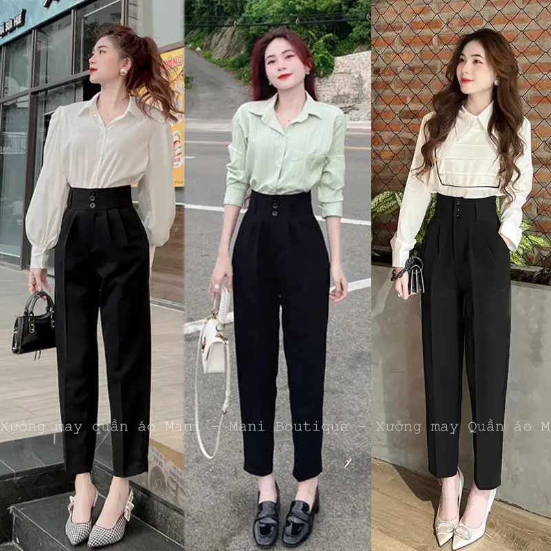 Quần Tây Baggy Nữ Cạp Cao 3 Cúc Màu Đen Kem Chất Vải Tuyết Mưa Dày Dặn QD633