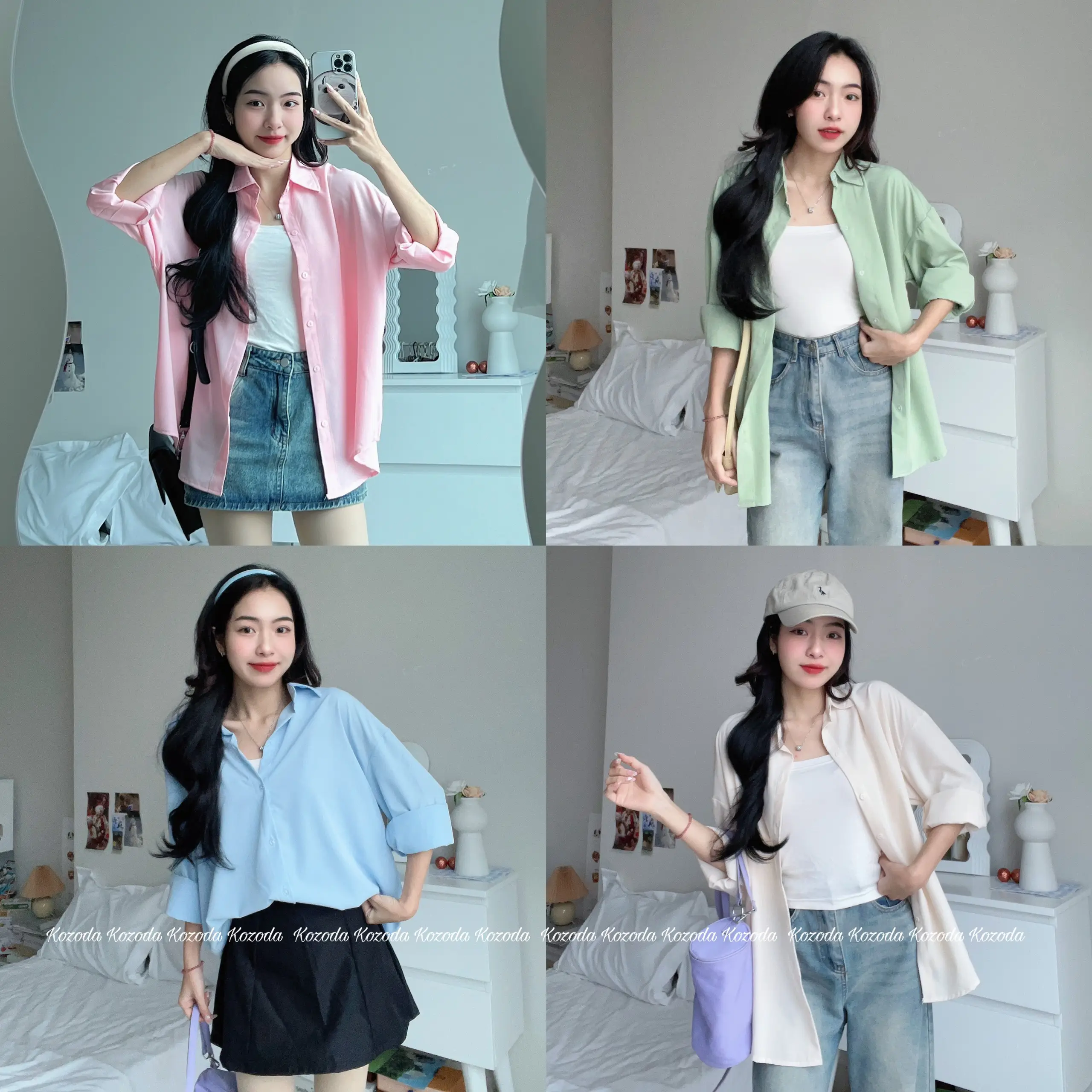 Áo kiểu nữ, áo sơ mi nữ dài tay chất lụa cát full 4 màu pastel mùa hè Hàn Quốc Kozoda Women SM159 Top Cat