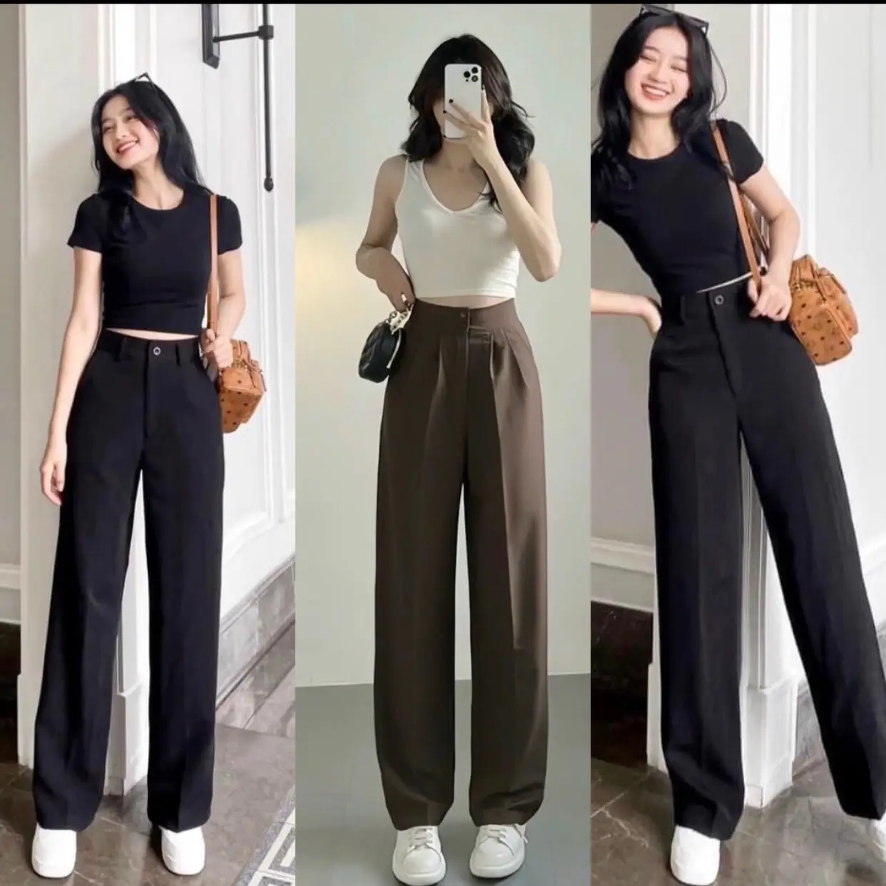 Quần tây nữ  ống suông cạp cao lưng cao phối cúc khoá trước, quần tây nữ ống suông tôn dáng chất vải tuyết mưa mềm mịn