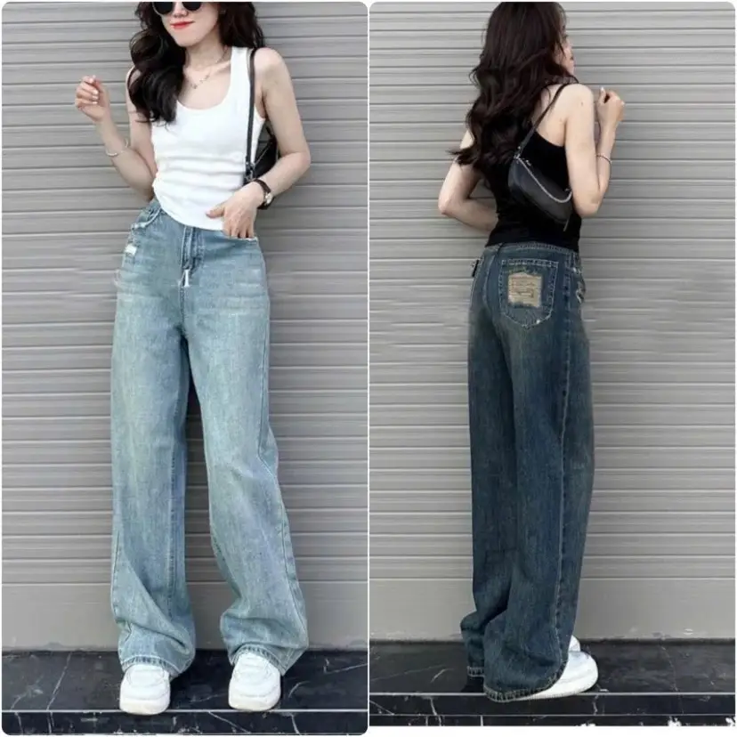 Quần jeans xuông nữ ống rộng rách túi sau hai màu đậm nhạt thích hợp với nấm lùn Pants - 1