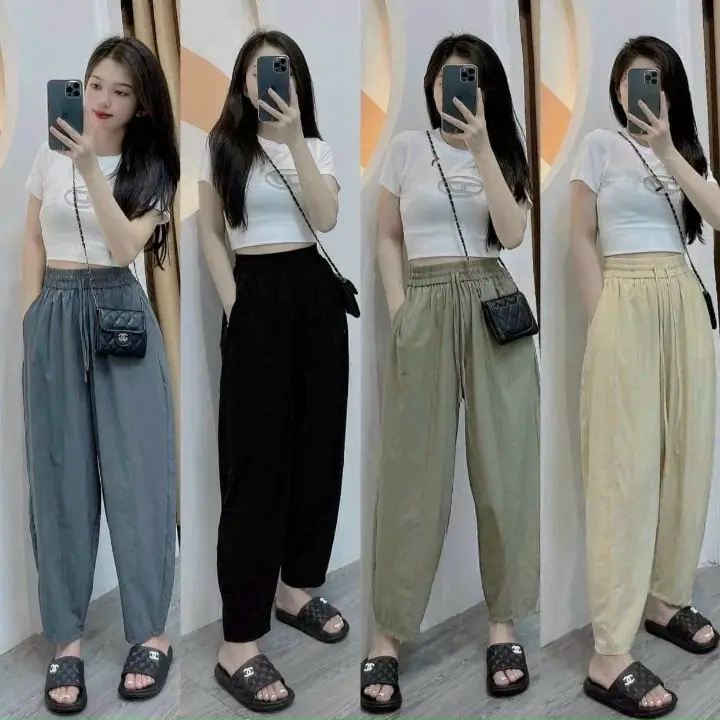 Quần Baggy gió mềm mịn cạp cao lưng thun gân chìm co giãn 4 chiều nữ dáng dài dễ phối đồ
