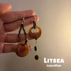【Litsea】Anting Gantungan Asimetris Lingkaran dengan Tumpangan Perak Resin dan Batu Mata Harimau Retro X275
