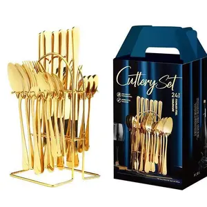 BAKINDO Sendok Stainless Gold Silver Elegan / 6 Set Isi 24 Pcs Lengkap Dengan Rak Stainless