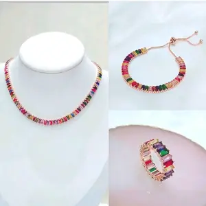 SET RAINBOW NECKLACE / KALUNG MATA RAINBOW GELANG DIAMOND RAINBOW CINCIN MATA WARNA WARNI RHODIUM
