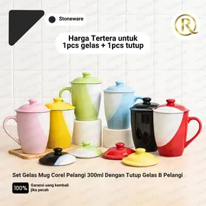 Set Gelas Mug Corel Pelangi 300ml Dengan Tutup Gelas B Pelangi Stoneware Keramik