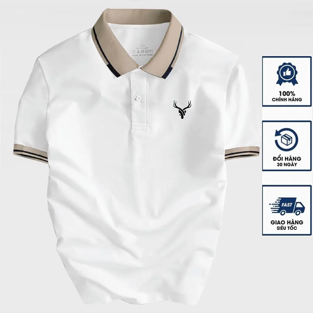 Áo thun Polo nam thêu Logo Sừng Hươu vải thun cá sấu cotton co giãn 4 chiều sang trọng