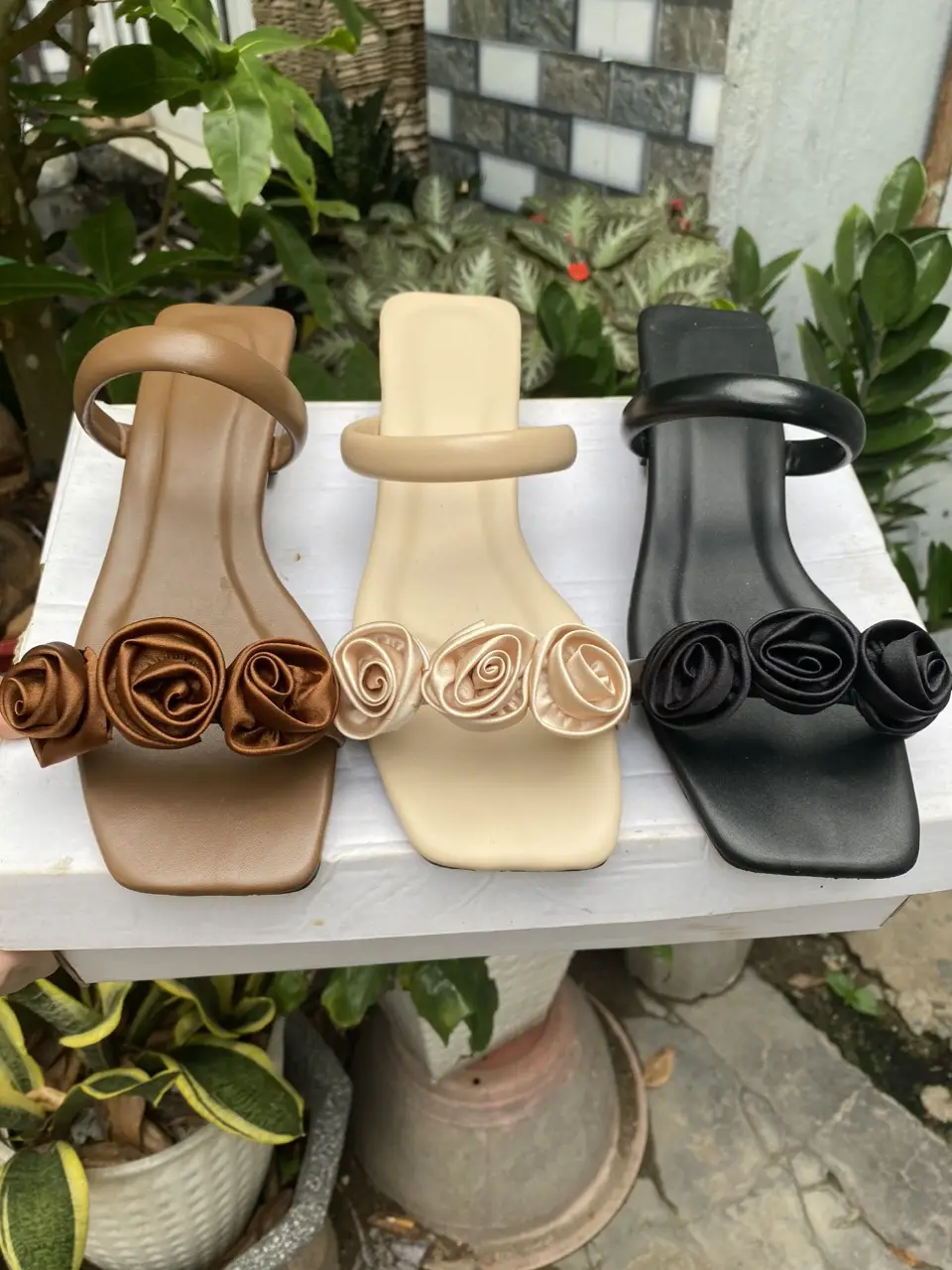 H1-Dép gót 3 phân hai quai ngang phối hoa da mờ thời trang ( đi đúng size,chân thon gầy lùi size) Nữ Shoes GiàY Women DéP Nhung-H1 - 1