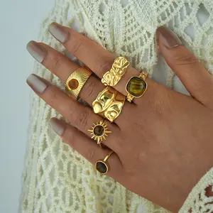 【Jojoo】Cincin Terbuka Batu Mata Amber Emas untuk Wanita, Cincin Jari Telunjuk Retro Unik, Set Cincin Ringan