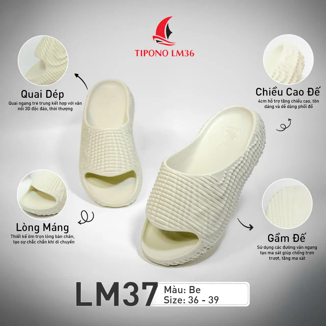 TIPONO LM37 Dép Quai Ngang Bánh Mì Unisex Form Dày Cá Tính, Vân Nhám Dập Nổi, Êm Nhẹ Đi Cực Thích - 1