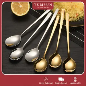 YUMSUN 6pcs 304 Sendok Stainless Steel / Sendok Makan Korea / Sendok Gold Emas/ Sendok Kopi Gagang Panjang /Sendok Pengaduk Tebal/ Sendok Perak
