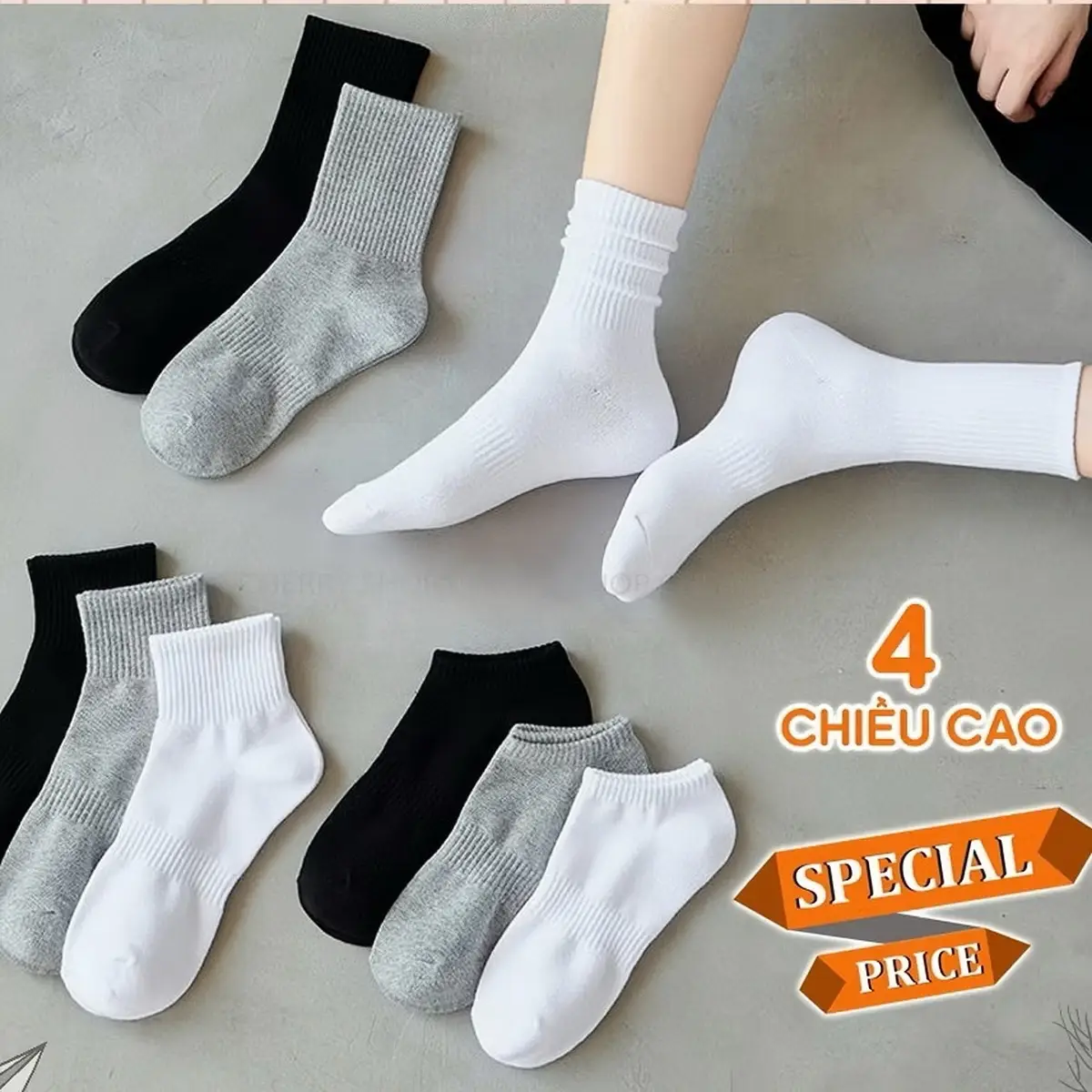 Sét 10 đôi Tất Trơn nam nữ trắng đen cổ cao,cổ trung, cổ thấp thời trang BASIC Cao cấp