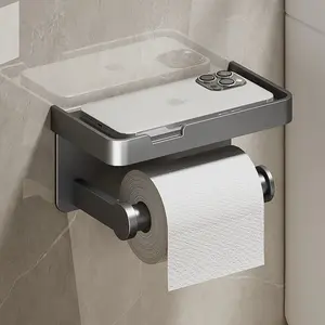 Tempat Tisu Dinding Bebas Bor Rak Tisu Kamar Mandi Tempat Penyimpanan Ponsel Space Aluminum Rack Tissue Holder