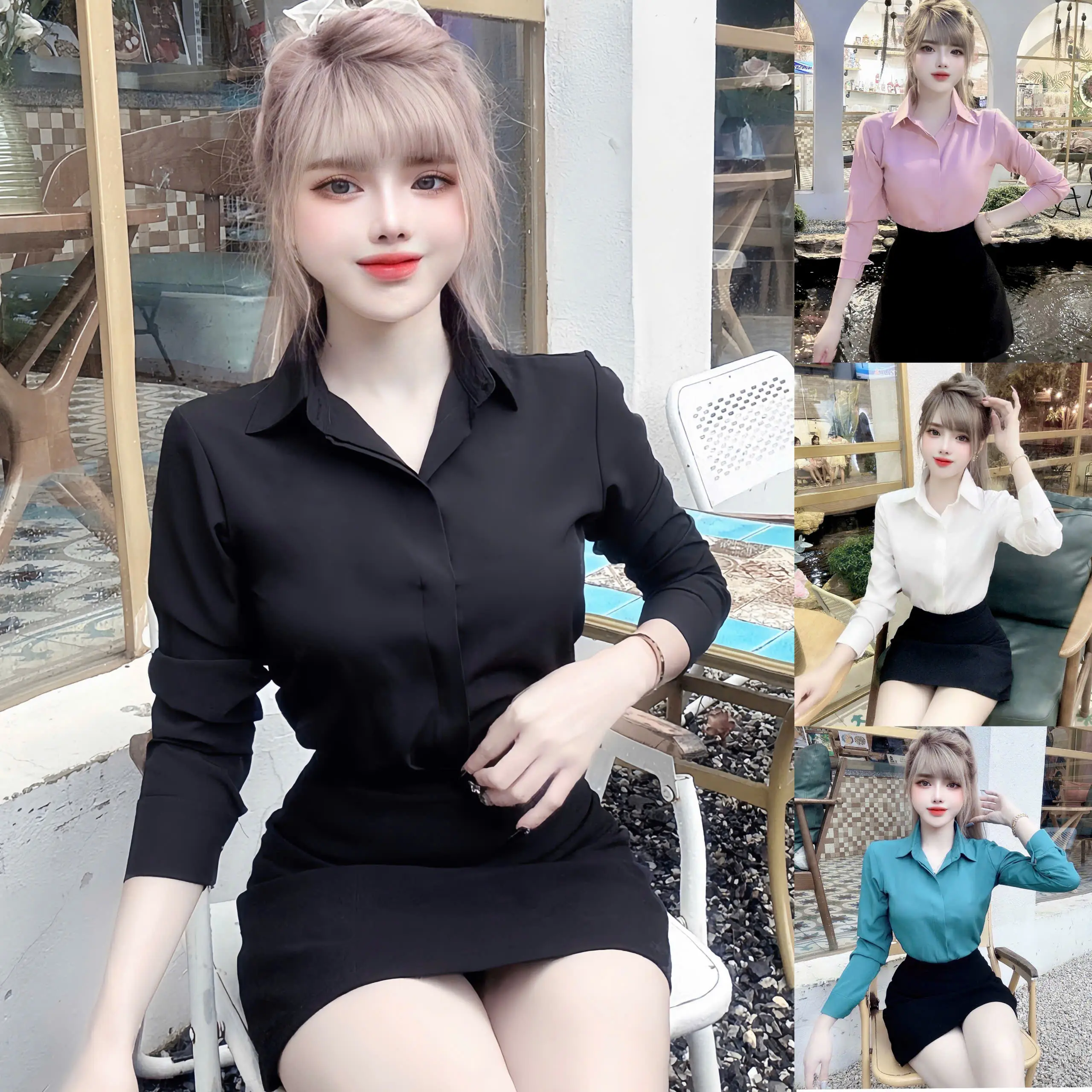 Top Women Áo Sơ Mi Nữ Tay Dài Công Sở Nẹp Giấu Nút Phong Cách Lịch Sự Thanh Lịch Chất Liệu Mềm Mại Thoáng Khí Phù Hợp Bốn Mùa Dễ Giặt