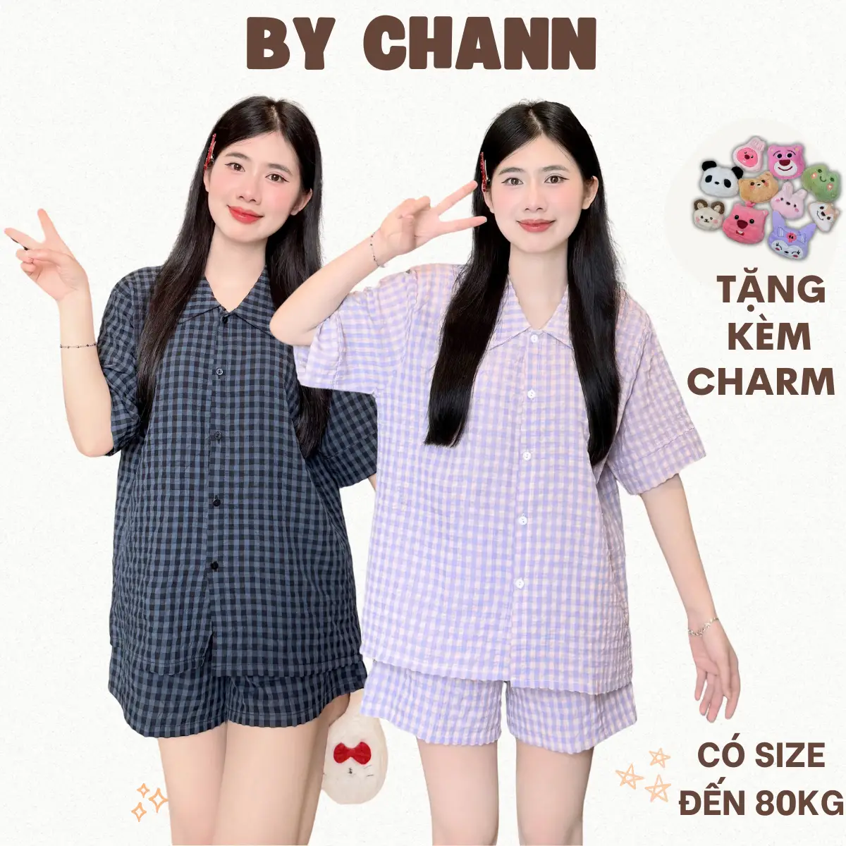 Bộ Đồ Ngủ Caro BY CHANN (Tặng Kèm Charm) nhiều màu mặc nhà mùa hè, chất liệu cotton xốp (có size đến 80kg)