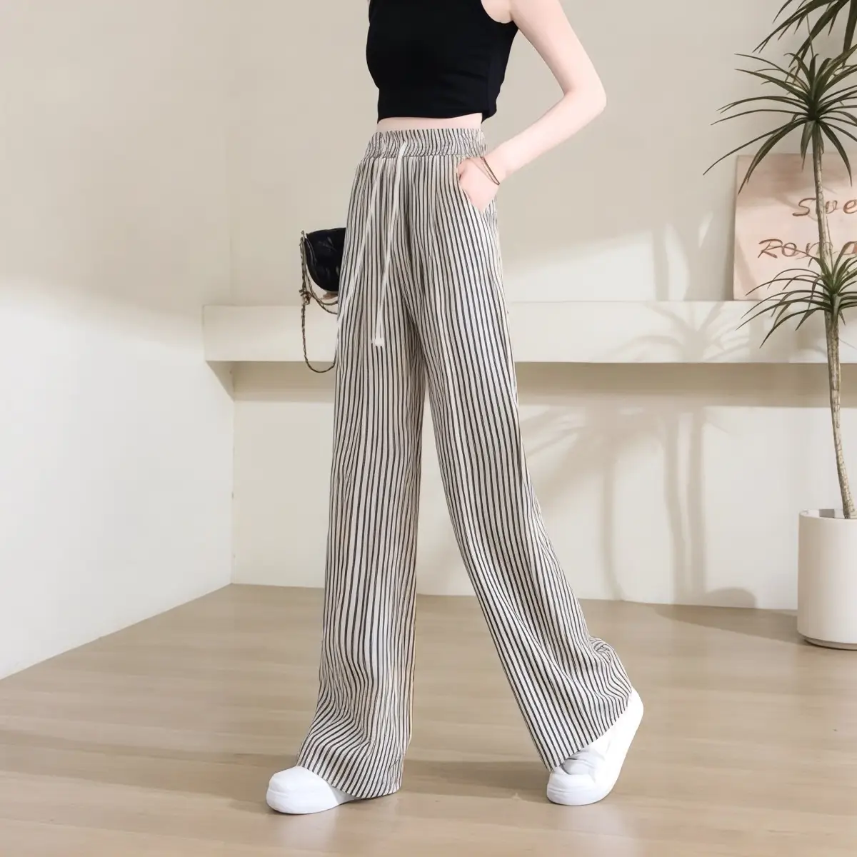 Quần Nữ kẻ sọc chất thô nhăn dáng suông ống rộng dễ mặc m031 Ong Nhung Ong Nhung