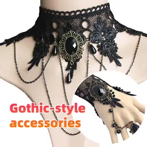 Gothic necklace gelang  perhiasan jari paduan renda Halloween untuk wanita berbingkai berlian hitam