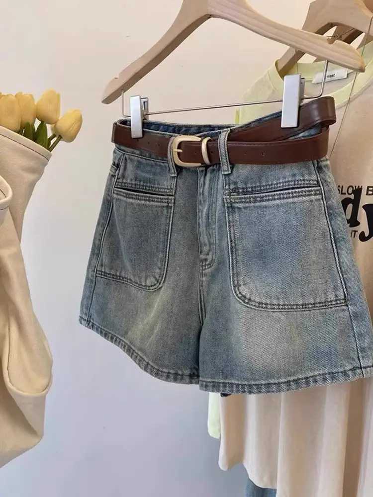 Quần đùi short jean nữ cạp cao túi dán basic cách điệu Women Pants xanh voi đen [QS145]