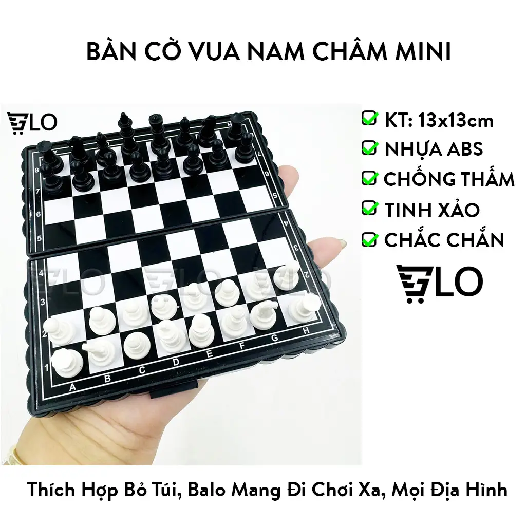 Bàn Cờ Vua 13x13cm Nam Châm Hít Mini Trắng Đen, Nhỏ Đẹp Bỏ Túi Cao Cấp, Gấp Gọn Kiêm Hộp Đựng Chuẩn Quốc Tế - 1