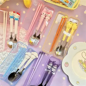 【artheni】Set Perlengkapan Makan Portabel Motif Kartun Lucu untuk Pelajar, Sendok Garpu dan Sumpit, Isi 3 Buah