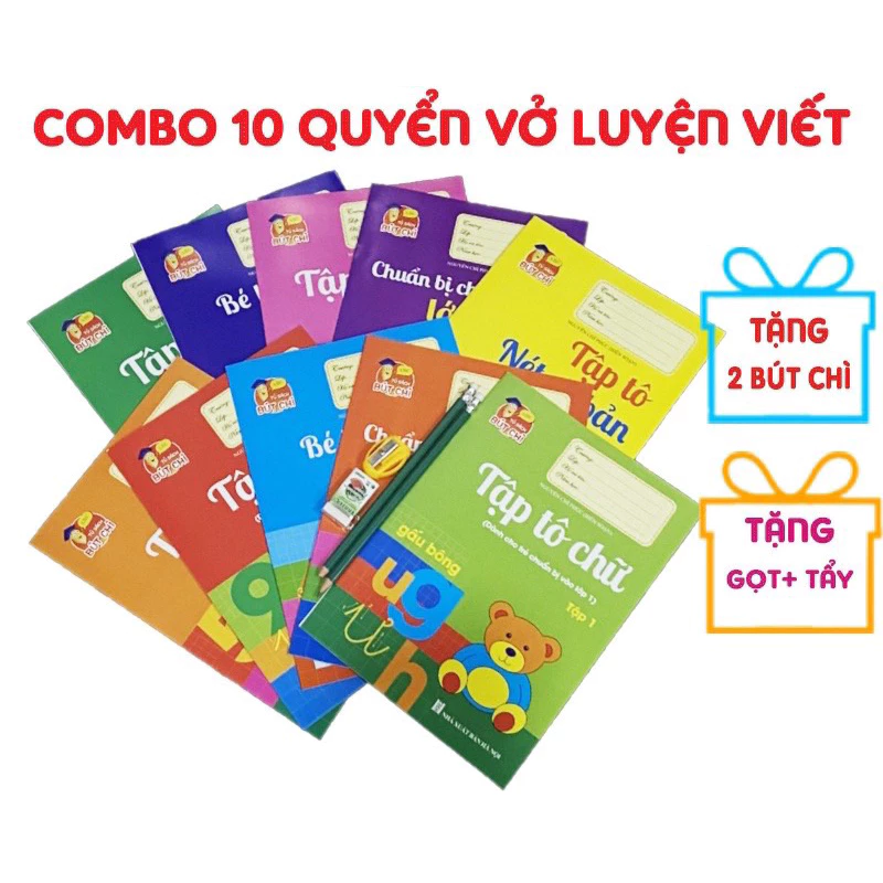 Sách - Bộ 10 Quyển Luyện Viết Tập Tô Chữ Cho Bé Mẫu Giáo kèm bút chì, gọt và tẩy