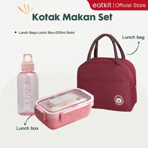 Eatkit 1000ml Kotak Makanan 3 In 1 Set Microwaveable Anti Bocor Bahan Wheat Straw & PP BPA Free Ideal untuk Sekolah & Kantor TikTok Trending