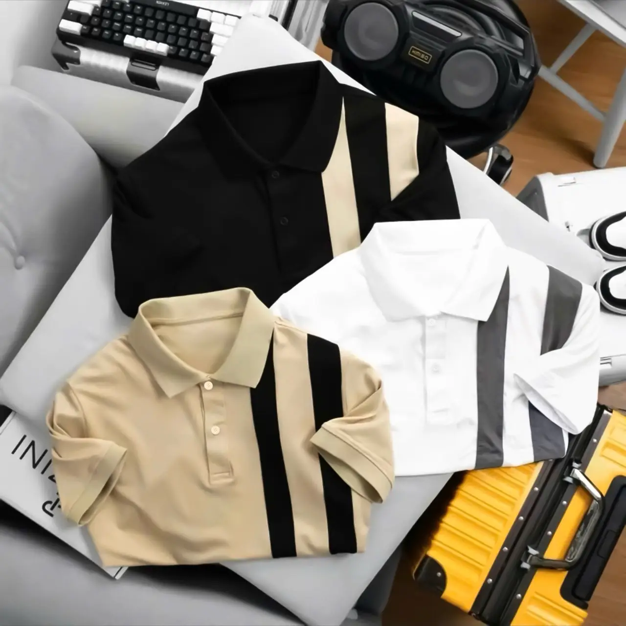 COMBO 3 ÁO POLO PHỐI 2 SỌC VẢI THUN CÁ SẤU POLY