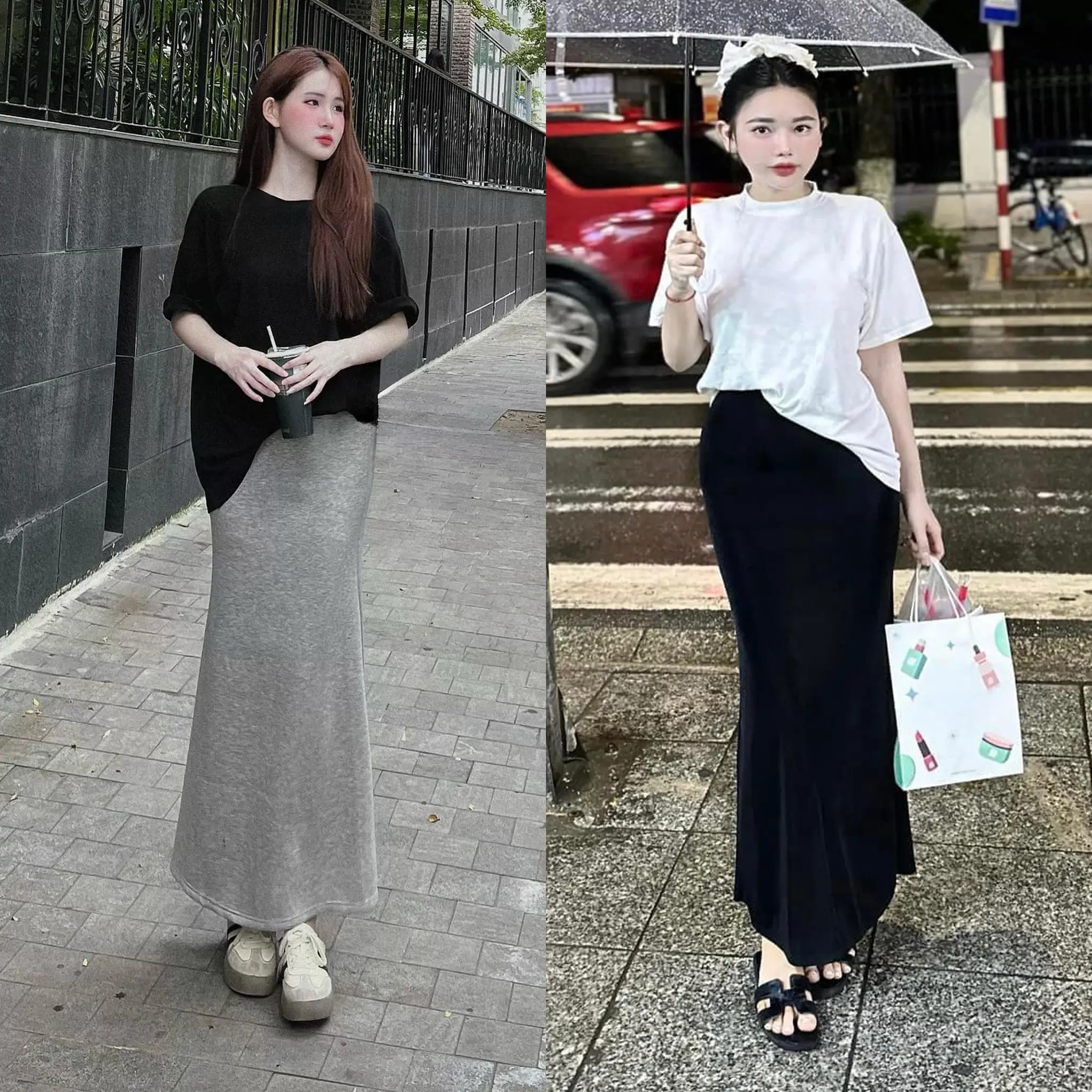 [ Hàng có sẵn] Set Váy Áo Chân Váy Đuôi Cá Áo Thun Trơn Form Thụng Ngắn Tay Dress Nữ Top Women by thời trang news Cotton Umi