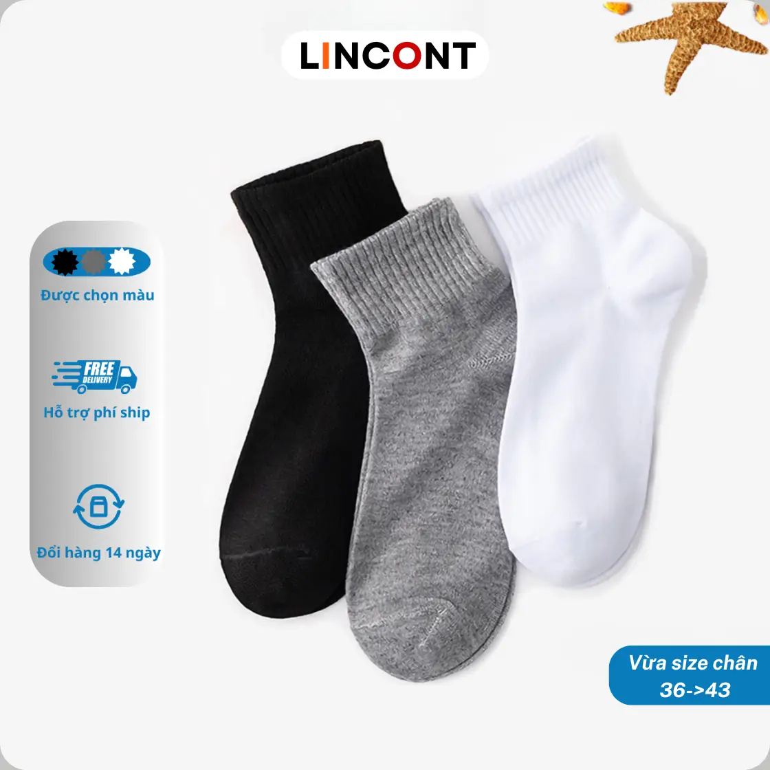 Combo 10 Đôi Tất Vớ Nam Nữ Cổ Trung Trơn Lincont 3 Màu Đen - Trắng - Xám Vải Cotton + Spandex co giãn thoải mái, thấm hút tốt, LINCONT Menswear dày