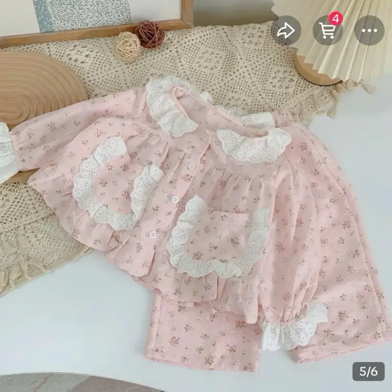 Bộ thô lụa dài tay phối ren xinh xắn cho bé (AH198) - (6-65kg), chất liệu mềm mát, phong cách tiểu thư