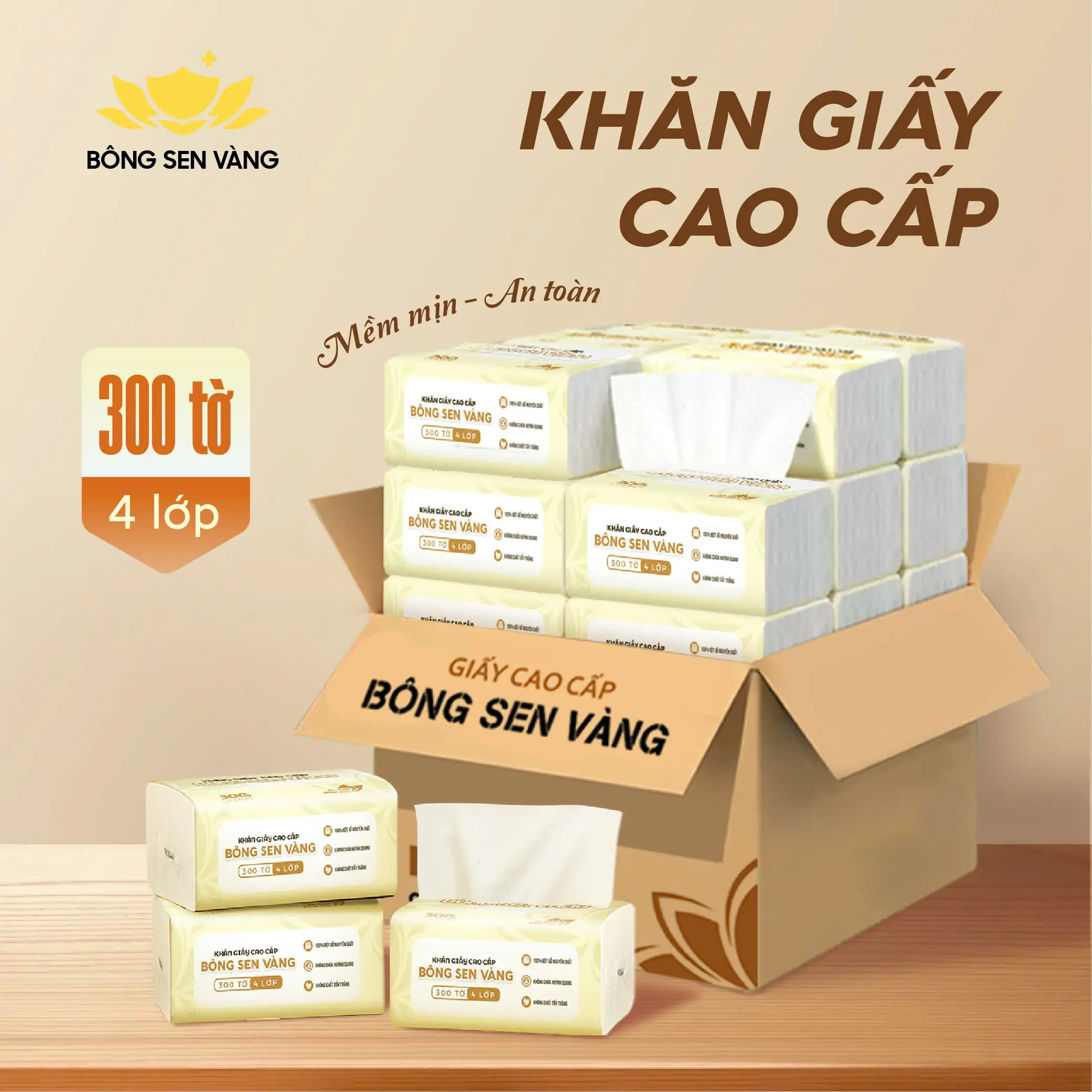 [Đa Kho] Thùng Giấy ăn cao cấp Bông Sen Vàng 4 lớp mềm mịn, an toàn, tiện lợi. Giấy Vệ Sinh