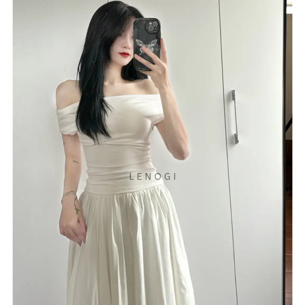 Áo trễ vai cộc tay nữ LENOGI Áo kiểu nữ bẹt vai  mùa hè coton mịn mát