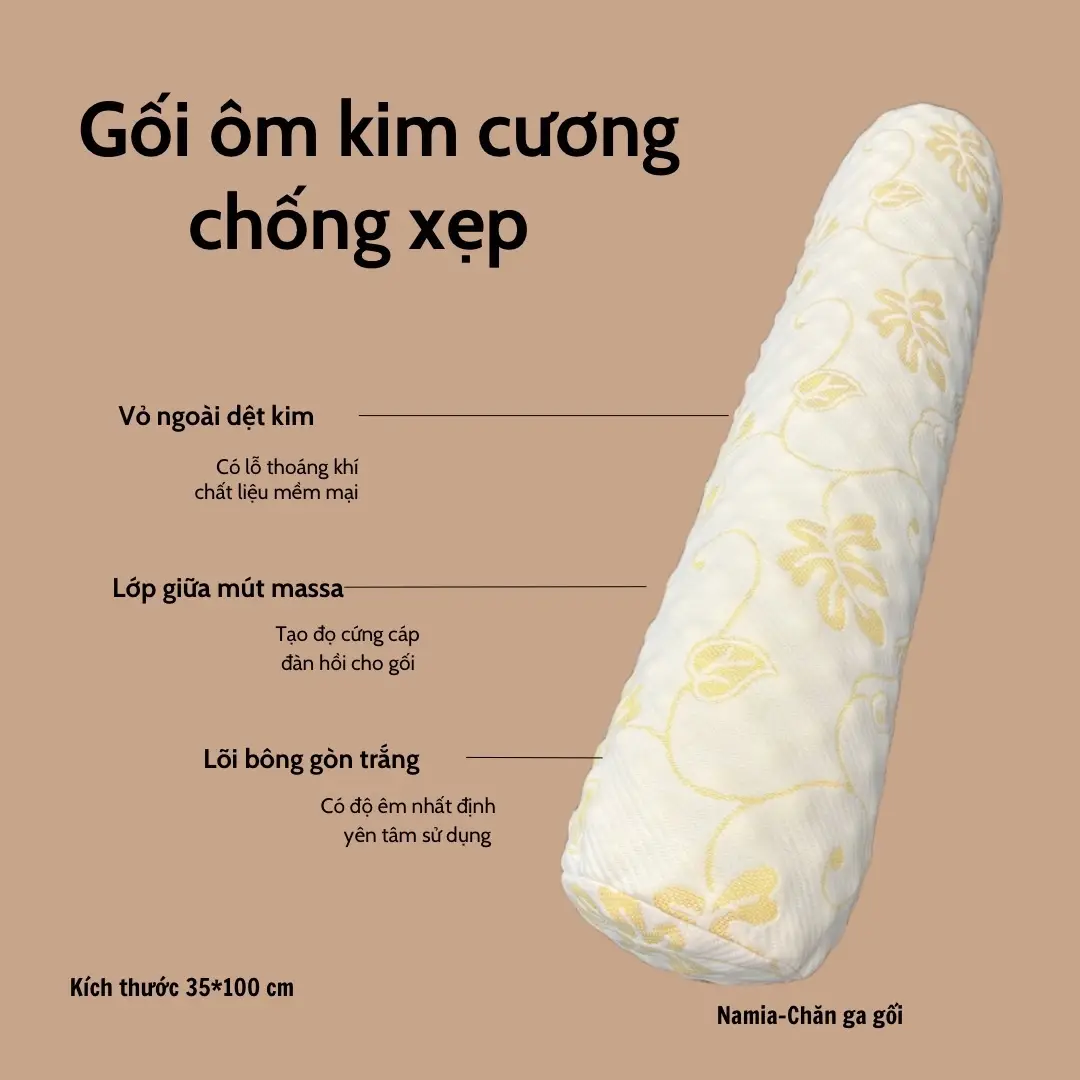 Gối ôm kim cương cao cấp bọc lớp mút xốp và lõi bông gòn trắng kích thước 35*100cm( 1 chiếc)